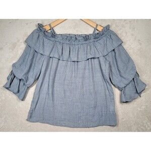 Lucky Brand Top Blouse Womens Size S Blue Balloon Sleeve Cold Shoulder Ruffle